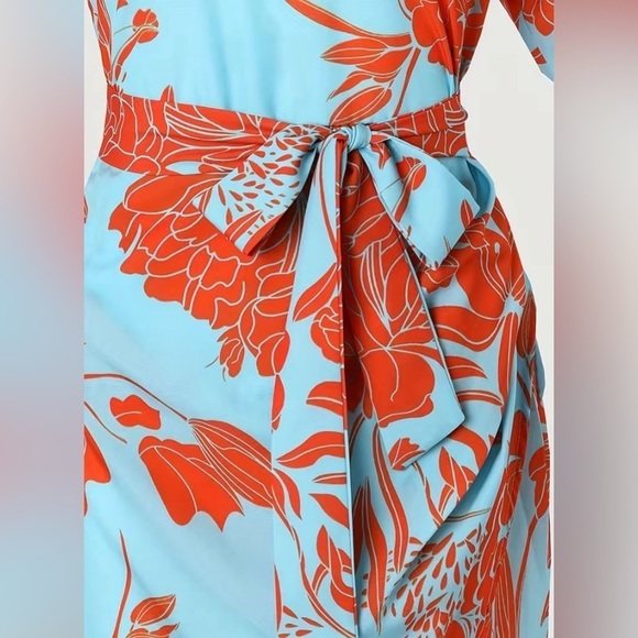 Plant Print V Neck Casual Asymmetrical Hem Tie Waist Dress - Picture 4 of 5